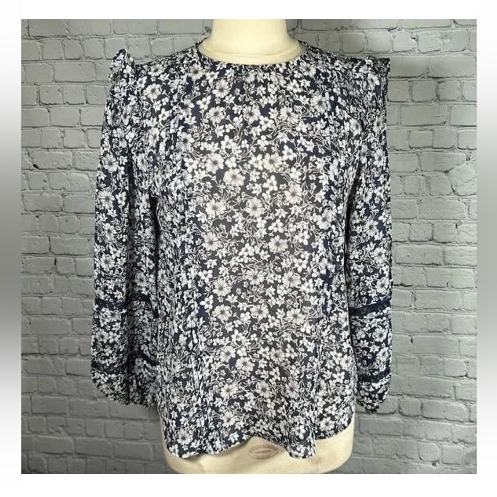 1. State Blue White Floral Pleated Ruffle Sheer Top Blouse Size Small - Picture 2 of 7